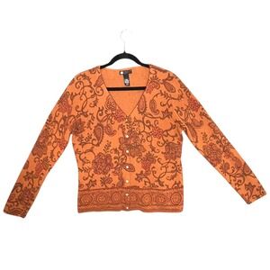 Carole Little Orange Paisley Floral Cardigan Sweater Size L Wool Angora Classic